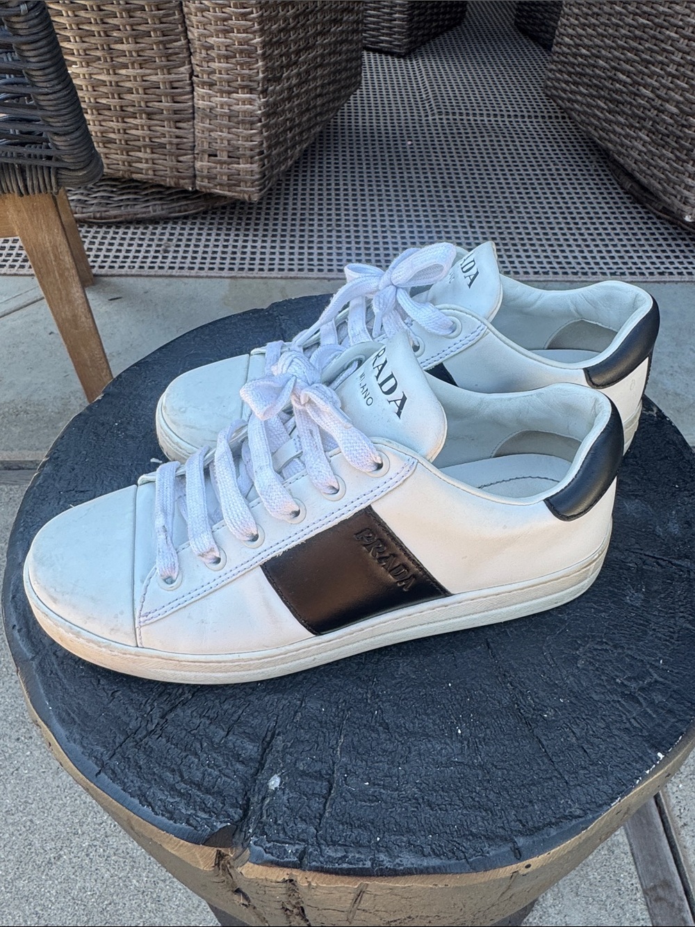 Prada White Leather Sneakers with Black Accents